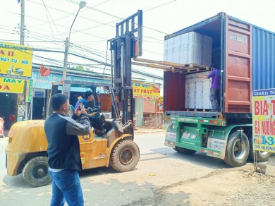 Rút container gỗ bằng xe nâng tại An Phú, Bình Dương